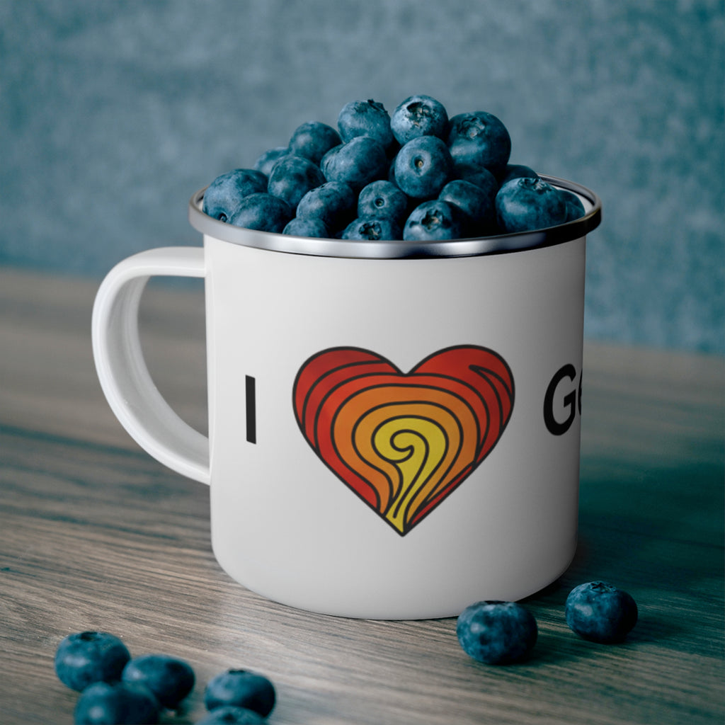 Geothermal Centered Enamel Camping Mug — Rustic Outdoor Travel Cup